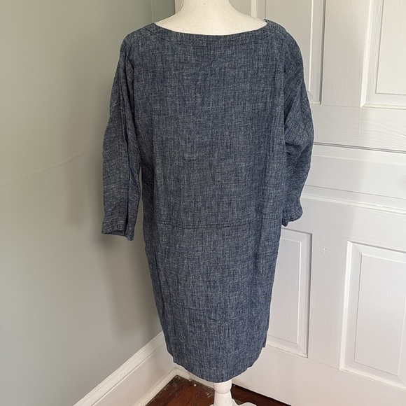 Eileen Fisher Dress 3/4 Sleeve Cotton Chambray Blue Oversized Medium - Picture 3 of 5